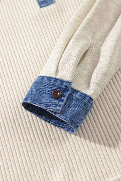 Denim Detail Ribbed Button Collar Long Sleeve Top