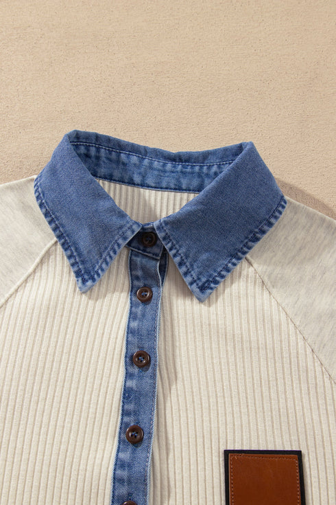 Denim Detail Ribbed Button Collar Long Sleeve Top