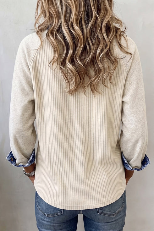 Denim Detail Ribbed Button Collar Long Sleeve Top