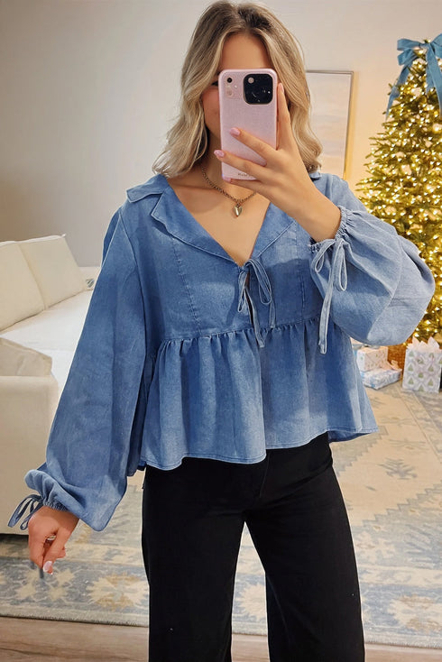 Denim Lapel Neck Balloon Sleeve Tie Waist Peplum Blouse