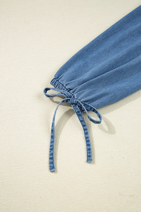 Denim Lapel Neck Balloon Sleeve Tie Waist Peplum Blouse