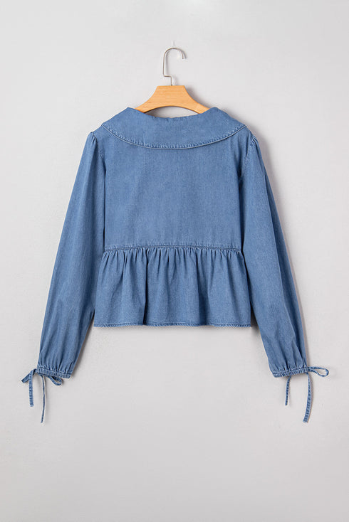 Denim Lapel Neck Balloon Sleeve Tie Waist Peplum Blouse