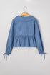 Denim Lapel Neck Balloon Sleeve Tie Waist Peplum Blouse
