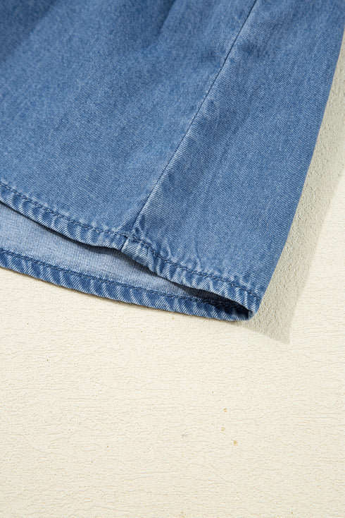 Denim Lapel Neck Balloon Sleeve Tie Waist Peplum Blouse