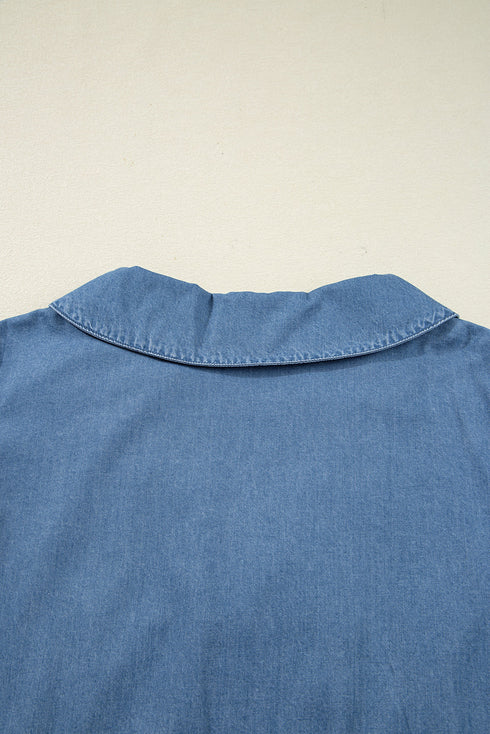 Denim Lapel Neck Balloon Sleeve Tie Waist Peplum Blouse