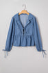 Denim Lapel Neck Balloon Sleeve Tie Waist Peplum Blouse