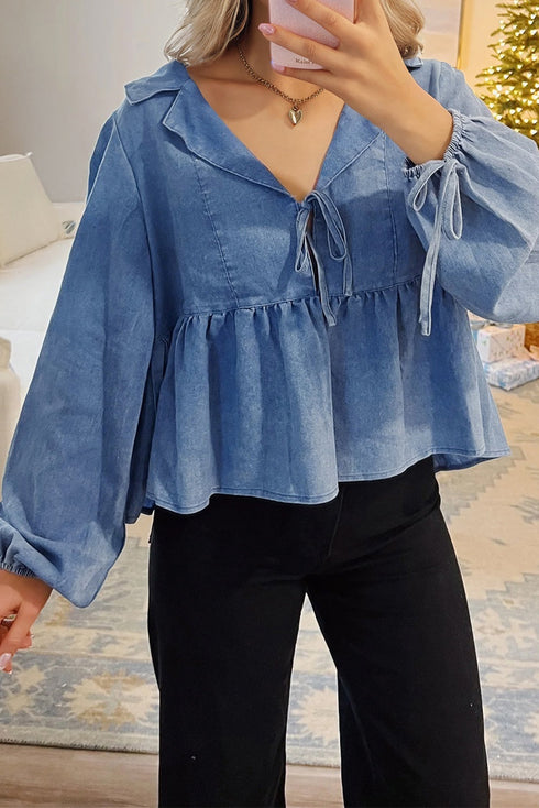 Denim Lapel Neck Balloon Sleeve Tie Waist Peplum Blouse