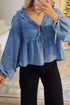 Denim Lapel Neck Balloon Sleeve Tie Waist Peplum Blouse