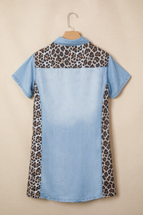 Denim Leopard Patchwork Western Shirt Collar T Shirt Dress