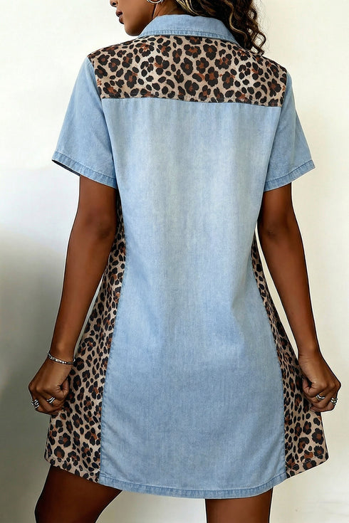 Denim Leopard Patchwork Western Shirt Collar T Shirt Dress