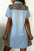 Denim Leopard Patchwork Western Shirt Collar T Shirt Dress