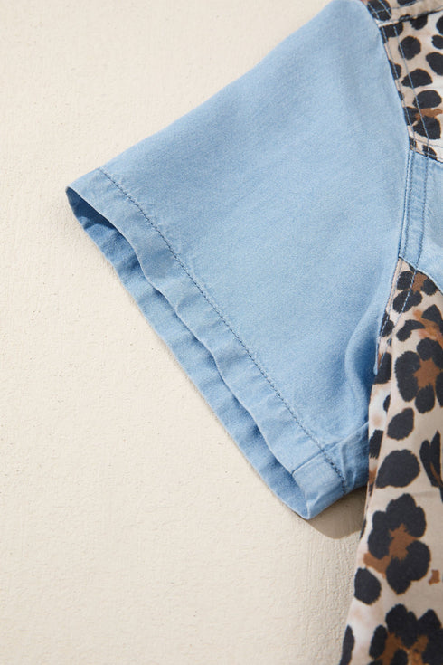 Denim Leopard Patchwork Western Shirt Collar T Shirt Dress