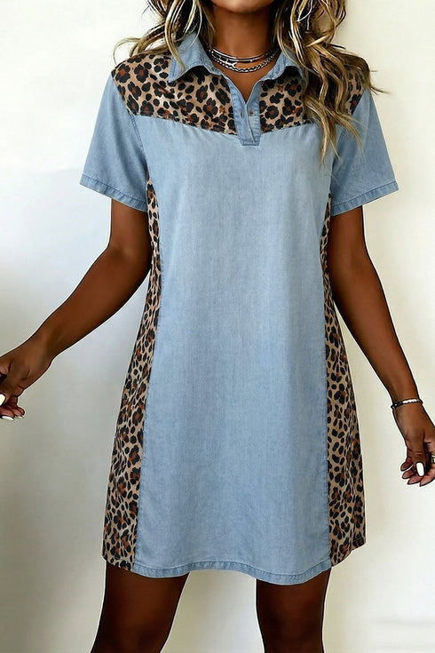 Denim Leopard Patchwork Western Shirt Collar T Shirt Dress