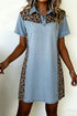 Denim Leopard Patchwork Western Shirt Collar T Shirt Dress