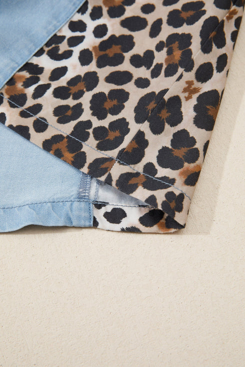 Denim Leopard Patchwork Western Shirt Collar T Shirt Dress