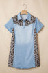 Denim Leopard Patchwork Western Shirt Collar T Shirt Dress