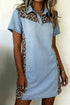 Denim Leopard Patchwork Western Shirt Collar T Shirt Dress