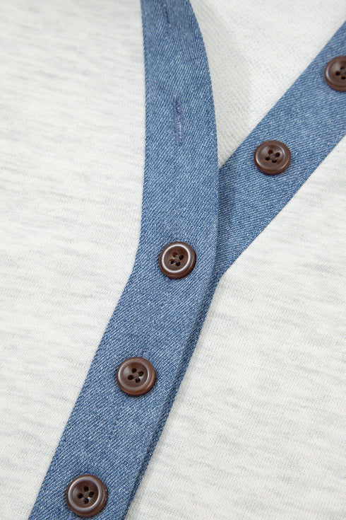 Denim Patchwork Buttoned Polo Collar Long Sleeve Top