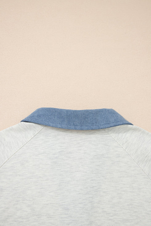 Denim Patchwork Buttoned Polo Collar Long Sleeve Top