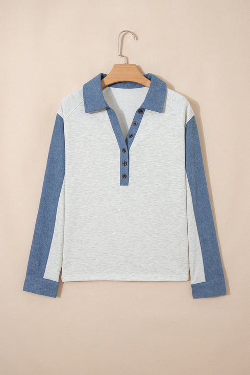 Denim Patchwork Buttoned Polo Collar Long Sleeve Top