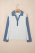Denim Patchwork Buttoned Polo Collar Long Sleeve Top