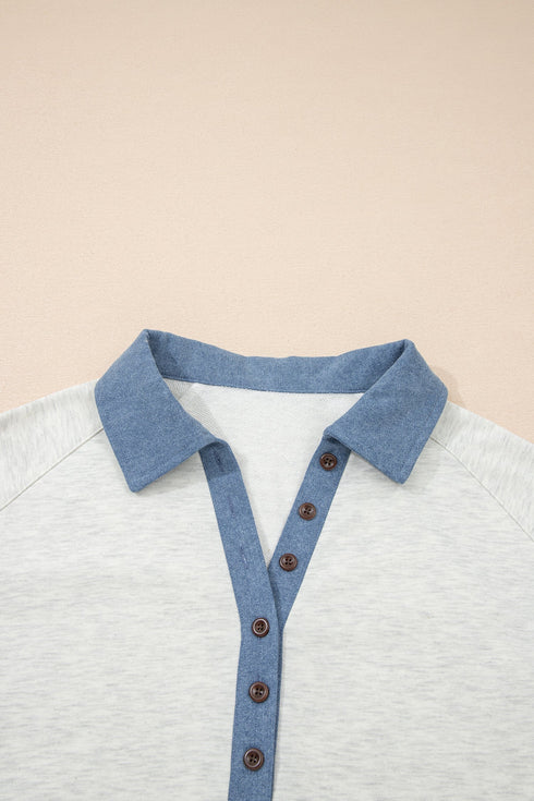 Denim Patchwork Buttoned Polo Collar Long Sleeve Top