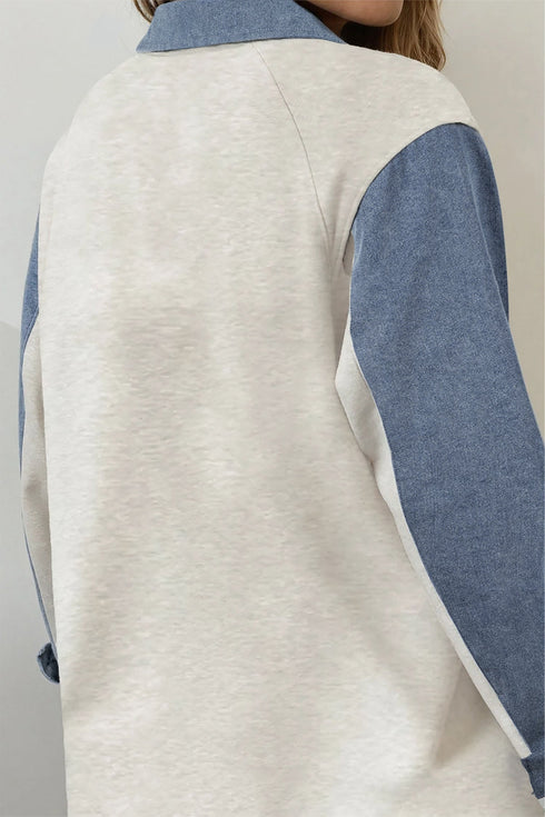 Denim Patchwork Buttoned Polo Collar Long Sleeve Top