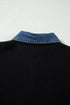 Denim Patchwork Collar Cuffed Mixed Texture Knit Sweater