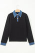 Denim Patchwork Collar Cuffed Mixed Texture Knit Sweater