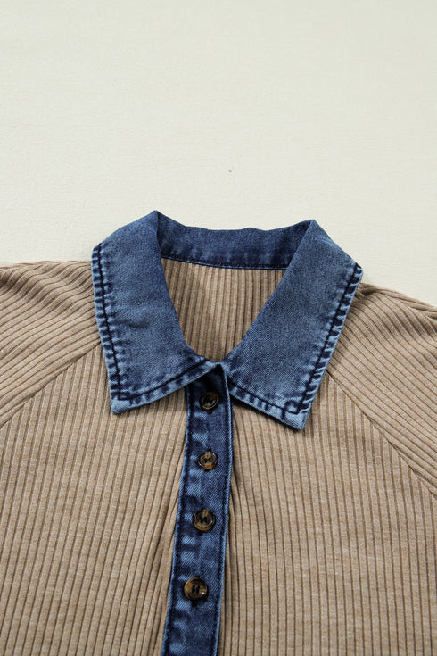 Denim Patchwork Ribbed Knit Button Polo Long Sleeve Top