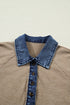 Denim Patchwork Ribbed Knit Button Polo Long Sleeve Top
