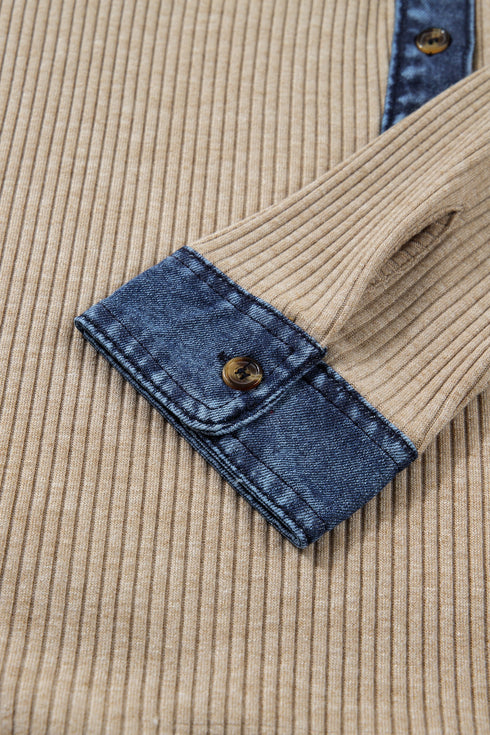 Denim Patchwork Ribbed Knit Button Polo Long Sleeve Top
