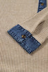 Denim Patchwork Ribbed Knit Button Polo Long Sleeve Top