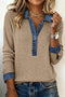 Denim Patchwork Ribbed Knit Button Polo Long Sleeve Top
