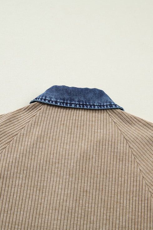 Denim Patchwork Ribbed Knit Button Polo Long Sleeve Top