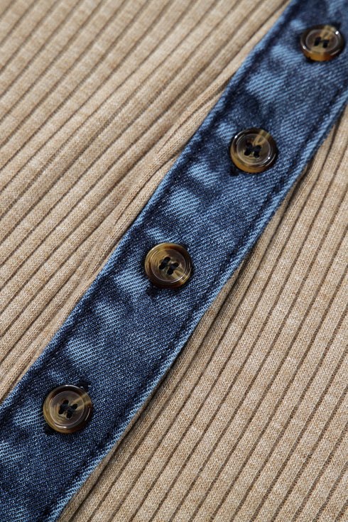 Denim Patchwork Ribbed Knit Button Polo Long Sleeve Top