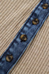 Denim Patchwork Ribbed Knit Button Polo Long Sleeve Top