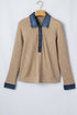Denim Patchwork Ribbed Knit Button Polo Long Sleeve Top