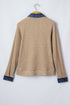 Denim Patchwork Ribbed Knit Button Polo Long Sleeve Top
