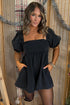 Denim Square Neck Smocked Puff Sleeve Flared Romper