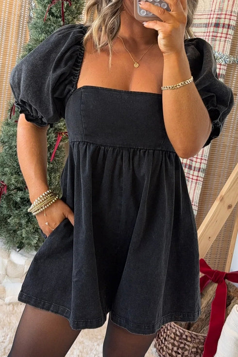 Denim Square Neck Smocked Puff Sleeve Flared Romper