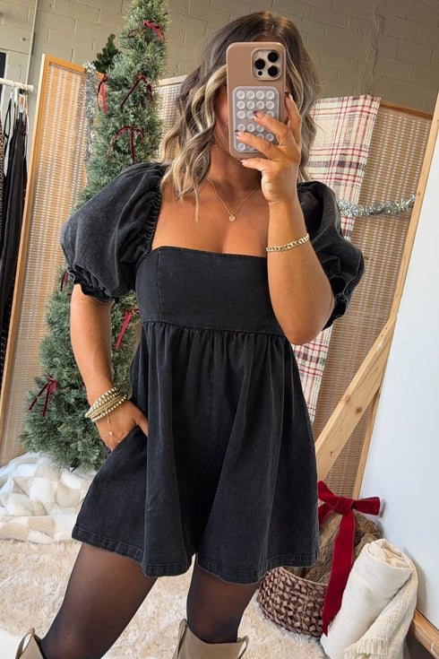 Denim Square Neck Smocked Puff Sleeve Flared Romper