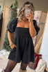 Denim Square Neck Smocked Puff Sleeve Flared Romper