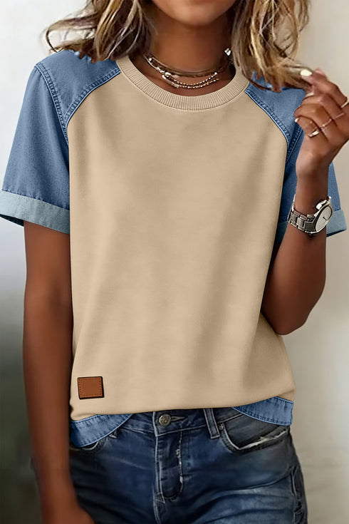 Denim Style Panel Block Patchwork Round Neck Tee