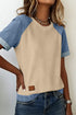 Denim Style Panel Block Patchwork Round Neck Tee