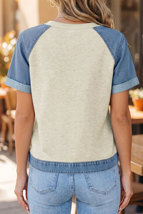 Denim Style Panel Block Patchwork Round Neck Tee