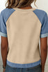 Denim Style Panel Block Patchwork Round Neck Tee