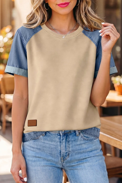 Denim Style Panel Block Patchwork Round Neck Tee
