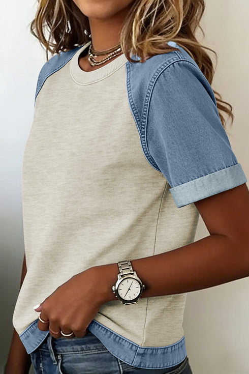 Denim Style Panel Block Patchwork Round Neck Tee