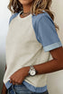 Denim Style Panel Block Patchwork Round Neck Tee
